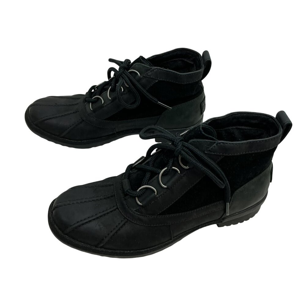 UGG Heather Suede Leather Lace Waterproof Duck Boots Womens 7 Black